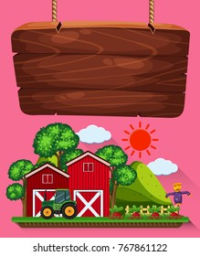 Wooden sign with farm scene in background illustration
