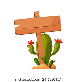 Wooden sign in flat style. Template for text. Wooden board for inscriptions with a blooming cactus.
