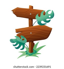 Wooden sign with flowers and lianas cartoon illustration. Arrow for information in forest or jungle with green leaves, tropical plants