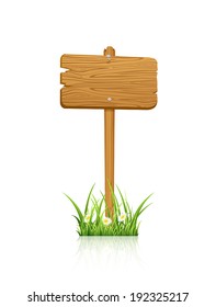 Wooden sign in grass isolated on white background, illustration.