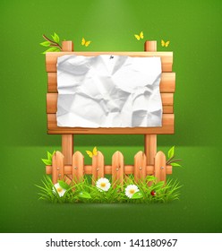 Wooden sign in grass, vector