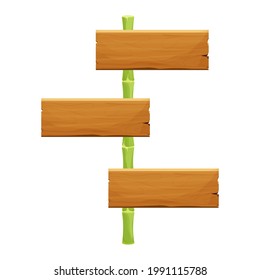 Wooden sign with green bamboo sticks with leaves, empty frame in cartoon style isolated on white background. Textured object, ui asset. Vector illustration