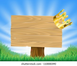 Wooden sign in green field with a retro golden crown hanging on one corner