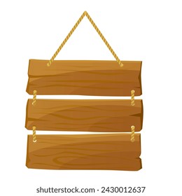 Wooden sign hanging on rope, signboard with three brown linked empty panels vector illustration