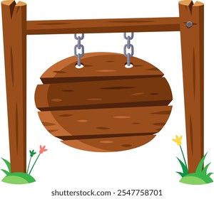 Wooden sign hanging from two wooden posts with chains and grass at the base, perfect for displaying messages and information