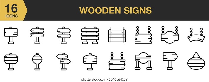 Wooden Sign icon set. Includes wooden sign icons, and More. Outline icons vector collection.