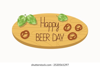  Letrero de madera con inscripción. Conos de salto. Bocadillo de cerveza, pretzel, bocadillos salados. Anuncio, tarjeta. Día de la cerveza, festival, feriado, Baviera. Octubre. Ilustración vectorial, fondo aislado.