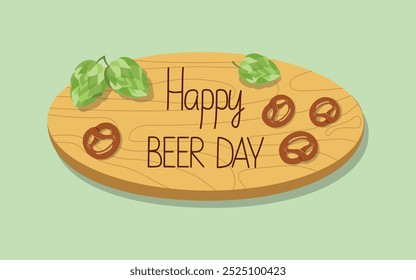  Letrero de madera con inscripción. Conos de salto. Bocadillo de cerveza, pretzel, bocadillos salados. Anuncio, tarjeta. Día de la cerveza, festival, feriado, Baviera. Octubre. Ilustración vectorial, fondo aislado.