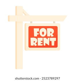 Wooden sign with the inscription for rent in cartoon style on a white background. Sign for rent. Sign made of light wood painted red. Cute for rent sign.