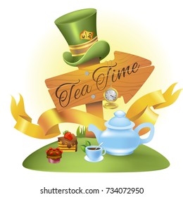 Wooden sign with an inscription and a variety of sweets. Illustration to the fairy tale Alice's Adventures in Wonderland. Template with place for text.