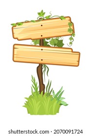 Wooden sign in the jungle. Empty board with place for text. With wood texture. Two items Cartoon style. Isolated on white background. Stands on a stick in the grass. Vector.