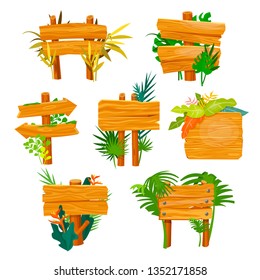 Wooden sign with jungle leafs, empty frame. Advertisement frame design. Vector flat style cartoon wood sign illustration isolated on white background