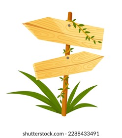 Wooden sign in jungle style. Wooden arrows and place for text. Direction and navigation. Empty panel, guidepost and signpost. Nature and wildlife. Cartoon flat vector illustration