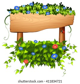 Wooden sign with leaves and flower illustration