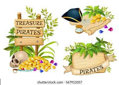 Wooden sign with leaves and pirate accessories with space for text. Elements for games, posters, banners.