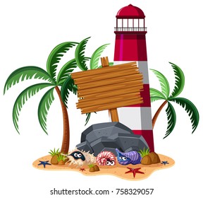 Wooden sign with lighthouse and shells in background illustration
