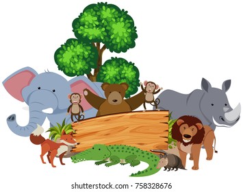 Wooden sign with many animals around it illustration
