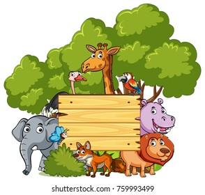 Wooden sign with many wild animals illustration