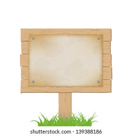 Wooden sign with old paper. Vector illustration