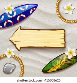 Wooden sign on the beach. surfboards on the beach. surfboard with color pattern. creative graphic poster for your design. summer day. Vector beach with tropical flowers 