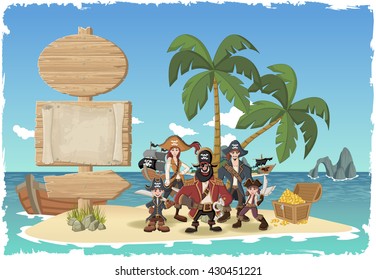 Wooden sign on a beautiful tropical island with cartoon pirates.
