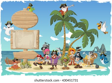 Wooden sign on a beautiful tropical island with cartoon pirates.
