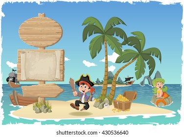 Wooden sign on a beautiful tropical island with cartoon pirate boy.
