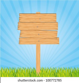 wooden sign on a bed of grass and sky, vector illustration