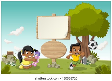Wooden sign on colorful park with cartoon children playing.
