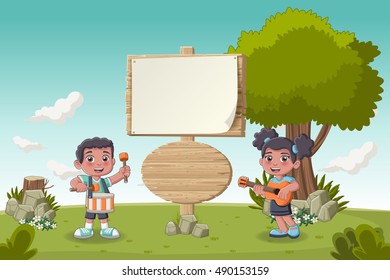 Wooden sign on colorful park with cartoon children playing music
