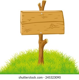 wooden sign on the grass - isolated on white background