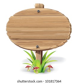 Wooden sign on a grass with mushrooms. vector illustration