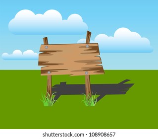 Wooden sign on a grass, vector illustration