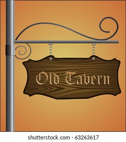 Wooden sign on metal pole with Old Tavern label