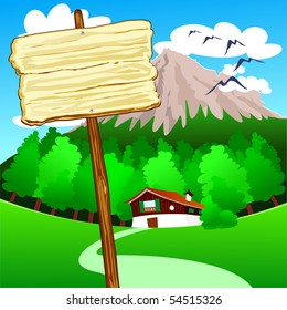 Wooden Sign On A Pole In The Mountains. Vector