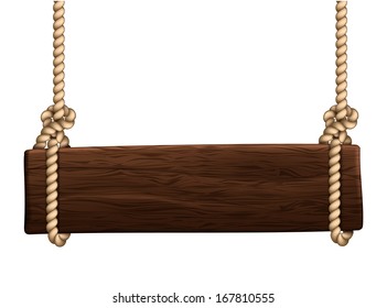 wooden sign on the ropes on white background