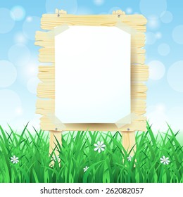 Wooden sign on spring background, vector eps10