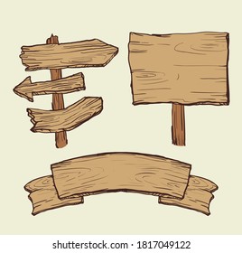 Wooden sign. Plank wood. Wood signage or signpost. Old wooden blank cartoon sign boards. Street or road wood billboard. Vector isolated illustration.
