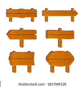 Wooden sign. Plank wood. Wood signage or signpost. Old wooden blank cartoon sign boards. Street or road wood billboard. Vector isolated illustration.