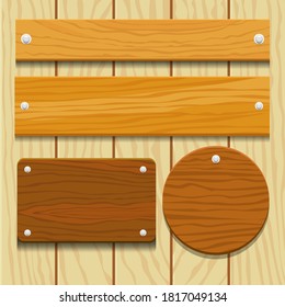 Wooden sign. Plank wood. Wood signage or signpost. Old wooden blank cartoon sign boards. Street or road wood billboard. Vector isolated illustration.