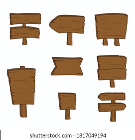 Wooden sign. Plank wood. Wood signage or signpost. Old wooden blank cartoon sign boards. Street or road wood billboard. Vector isolated illustration.