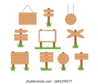 Wooden Sign And Pointer In Green Grass Set. Vector Cartoon Old Wood Sign Post, Sign Board With Sheet Of White Paper, Banners Hanging On Chains And Arrow Isolated On White. Simple Flat Illustration.