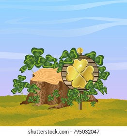 A wooden sign or pointer with a large four-leaf clover made of gold. Stump in thickets of clover. St.Patrick 's Day. Vector landscape