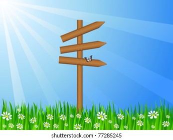 Wooden  sign post on a grassy field. Vector illustration.