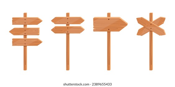 Wooden sign posts isolated on white background. Realistic blank signboards set for road, plywood pointer and timber with wood texture in signpost for pointing direction. Vector illustration.