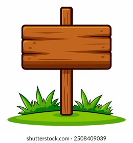 A wooden sign is prominently sitting on top of a lush grassy hill