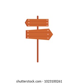 Wooden sign, road post with two directional boards, flat cartoon vector illustration isolated on white background. Flat cartoon vector illustration of wooden road sign with two planks, boards