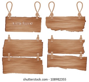 Wooden sign with rope hanging. vector illustration