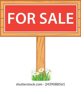 Wooden sign with for sale sign. Vector hand drawn illustration. Real estate.