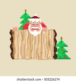 Wooden sign and Santa.Vector illustration, pixel art